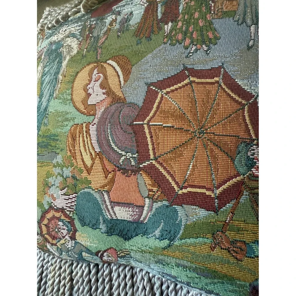 Vintage Victorian Tapestry Throw‎ Pillow with Fringe Ladies in Garden Scene